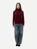 Fold-Over Turtleneck Cashmere Sweater Zinfandel worn by model, front view on white background