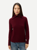 Fold-Over Turtleneck Cashmere Sweater Zinfandel worn by model, detail view on white background