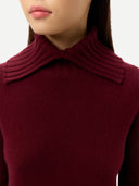 Fold-Over Turtleneck Cashmere Sweater Zinfandel worn by model, detail view on white background