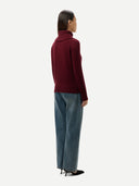Fold-Over Turtleneck Cashmere Sweater Zinfandel worn by model, back view on white background
