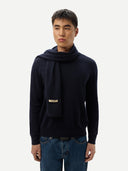 Cashmere Jersey Knit scarf Navy worn by model, detail view on white background