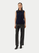 Women's Cashmere Crewneck Vest Navy   worn by model front view on white backround