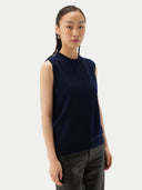 Women's Cashmere Crewneck Vest Navy   worn by model detail view on white backround