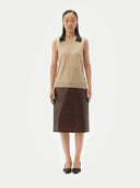 Women's Cashmere Crewneck Vest Beige  worn by model, front view on white backround