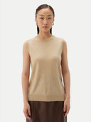 Women's Cashmere Crewneck Vest Beige  worn by model, detail view on white backround