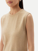 Women's Cashmere Crewneck Vest Beige  worn by model, detail view on white backround