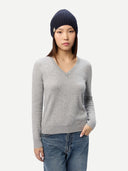 Cashmere Rib Knit Hat Navy Blazer worn by model front view on white background