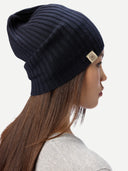 Cashmere Rib Knit Hat Navy Blazer worn by model back view on white background
