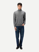 Men's Dim Gray Turtleneck Cashmere Sweater worn by model, front view on white background