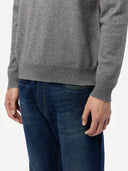 Men's Dim Gray Turtleneck Cashmere Sweater worn by model, detail view on white background