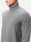Men's Dim Gray Turtleneck Cashmere Sweater worn by model, detail view on white background