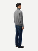 Men's Dim Gray Turtleneck Cashmere Sweater worn by model, back view on white background