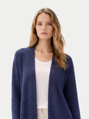 Women's Ajour Knit Open-Front Cashmere Cardigan Crown Blue worn by model, detail view on white background