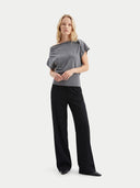 Women's Grey Cashmere Asymmetrical Top worn by model, front view on white background
