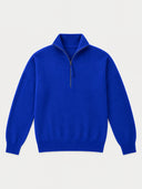 A bright royal blue knit quarter-zip sweater with a mock neck collar, displayed flat against a light gray background.