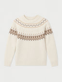 An off-white knit sweater with a classic Fair Isle pattern in brown and beige across the chest and shoulders, displayed on a light gray background.