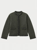 An olive green cropped jacket with braided trim detailing along the collar, front placket, pockets, and cuffs, displayed on a light gray background.