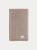 Organic Colour Cashmere Lightweight Woven Scarf Taupe worn by model, detail view on white background