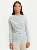 Women's Silk Cashmere C-neck Ice Flow  worn by model, detail view on white background