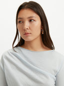 Women's Silk Cashmere C-neck Ice Flow  worn by model, detail view on white background