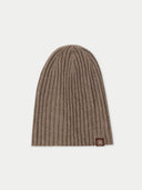 Unisex Organic Cashmere Rib Knit Hat Taupe detail view on white background