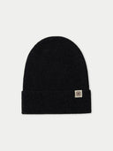 Unisex Black Cashmere Rib Knit Beanie detail view on white background