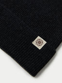 Unisex Black Cashmere Rib Knit Beanie  detail view on white background