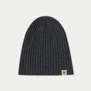 A blue rib knit cashmere hat displayed against a plain background.