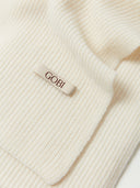 Unisex Cashmere Fisherman Knit Scarf White worn by model, detail view on white background