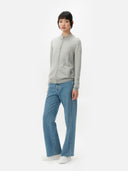 Women's Grey Cashmere Full-Zip Cardigan worn by model, front view on white background