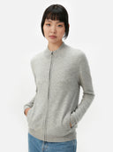 Women's Grey Cashmere Full-Zip Cardigan worn by model, detail view on white background
