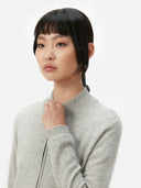Women's Grey Cashmere Full-Zip Cardigan worn by model, detail view on white background