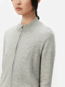 Women's Grey Cashmere Full-Zip Cardigan worn by model, detail view on white background