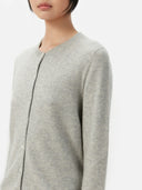 Women's Grey Cashmere Crewneck Cardigan worn by model, detail view on white background