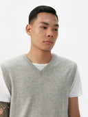 Men's Grey  Cashmere Vest worn by model, detail view on white background