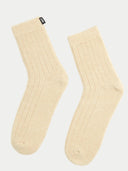  Unisex Cashmere Trim Knit Bed Socks Beige detail view on white background