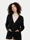 Women's Relaxed-Fit Cashmere Cardigan Black worn by model, detail view on white background