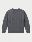 A dark gray cable-knit crewneck sweater with a textured central pattern and ribbed cuffs and hem, shown flat on a light gray background.