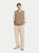 Men's Taupe  Cashmere Vest worn by model, front view on white background