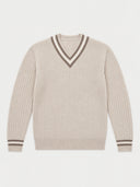 A ribbed knit V-neck sweater in a light beige color with contrasting brown stripes on the V-neck collar and cuffs, displayed flat against a light gray background.