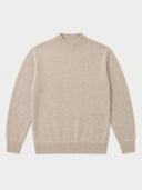A light beige knit sweater with a ribbed mock neck, cuffs, and hem, displayed flat against a light gray background.