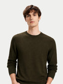 Men's Cocoa Crewneck Cashmere Sweater worn by model, detail view on white background