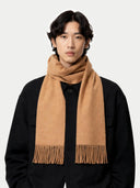 Cashmere Fringed Scarf Sheepskin  worn by model, detail view on white background