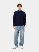Men's Navy Full-Zip Cashmere Cardigan worn by model, front view on white background
