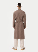 Men's Cashmere Robe Taupe worn by model, back view on white background