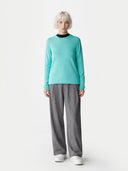 Women's Holiday Blue Cashmere Crewneck Sweater worn by model, front view on white background 