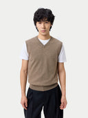 Timeless V-Neck Cashmere Vest Taupe  worn by model, detail view, on white background