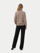 Women's T-Neck Organic Colour Cashmere Sweater Taupe worn by model, back view on white background