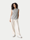 Ajour Knit Crewneck Cashmere Vest High Rise worn by model, front view on white backround