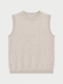 A sleeveless knit sweater vest in a light oatmeal beige color, shown flat against a clean white background.